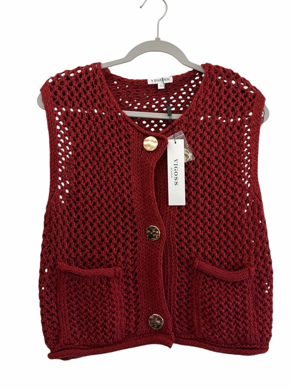 NWT Vigoss Office Career Deep Red Crochet Knit Button Vest Gold Buttons Large